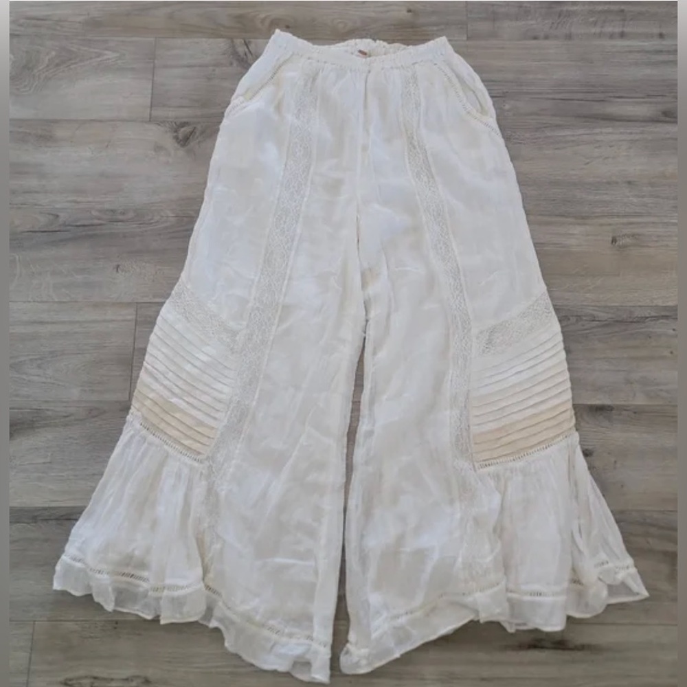 Free People White Wide-Leg Boho Pants with Pintuck & Lace